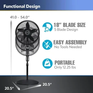 18 inch Pedestal Fan - Black Standing Fan with Remote & Timer